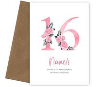 16th Anniversary Card for Wife Husband - Floral Number 16 with Custom Names - Celebrate Anniversaries with 16th Anniversary Card for Couple - 16 Years as Husband and Wife