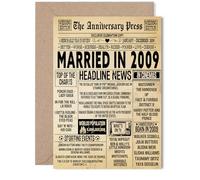 16th Anniversary Card for Women Men - Vintage Newspaper Married in 2009 - Happy 16 Year Wedding Anniversary Card for Husband Companion Wife Partner, 5x7 Inch Anniversaries Greeting Cards