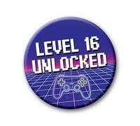 16th Birthday Badge - 76mm Level 16 Unlocked Pin Badge Button Video Game Birthday Gift for Boys