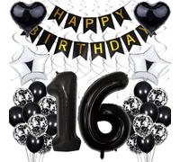 16th Birthday Balloon Decoration - Black, White, and Silver Party Supplies for Boys and Girls