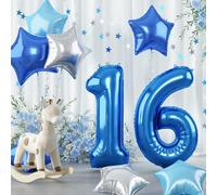 16th Birthday Balloon for Boys and Girls - 40 Inch Royal Dark Navy Blue Number 16 Mylar, Silver Sky Light Blue Self Inflating Star Foil for Graduation Party Decoration Supplies