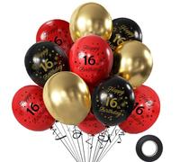 16th Birthday Balloons Black Red Metallic Gold - 12 Inch Premium Latex Balloons for boy girl Teens, Number 16 Balloon for Birthday Parties Decorations, Photography, Milestones, School Event Decor