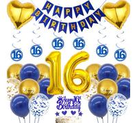 16th Birthday Balloons Decorations for Boys - 44 Pieces 16 Year Old Party Supplies with Number 16 Balloon Hanging Swirls, 16th Happy Birthday Banner Blue Gold Cake Topper