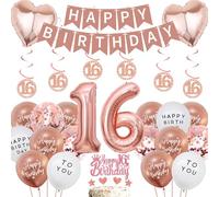 16th Birthday Balloons Decorations for Girl - 44 Pieces 16 Year Old Supplies Rose Gold with Happy Birthday Banner, Number 16 Hanging Swirls Cake Topper for Party Accessories