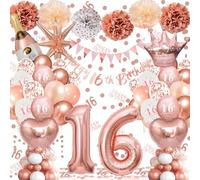 16th Birthday Balloons Rose Gold, Banner, Triangle Flag, 16th Birthday Decorations, Rose Gold Party Decorations Set, Latex, Heart, Crown And Numbers Balloons, Confetti, Paper Pom Poms