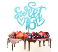 16th Birthday Cake Topper,1 Pack Sweet Teenager Glitter Cheers to 16 Years Old Cake Handmade Decorations Sign Personalised Party Supplies for Girls Delivery Theme Personalised Banner (Lack Blue)