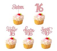 16th Birthday Cake Topper, 20Pcs Rose Gold Glitter 16th Birthday Cupcake Toppers for Anniversary Party
