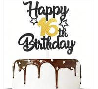 16th Birthday Cake Topper - Black Gold Glitter Number 16 with Stars - Elegant Sweet 16 Party Decorations for Cake and Table - Non Edible Cake Decor