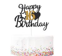 16th Birthday Cake Topper - Black Gold Glitter Sweet 16 Decorations for Cake - Durable Non-Edible Cake Decoration for Teen Girls Party Supplies