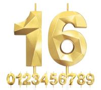 16th Birthday Candles, Number 16 Candle, Gold Birthday Candles for Cake, Diamond 3D Happy Birthday Candles, Cake Candle Decorations for Birthday Party Wedding Anniversary Celebration Supplies