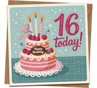 16th Birthday Card - 145mm x 145mm Square Happy Birthday Greeting Card with Kraft Envelope, Cute Cake Design, 16 Today, Teen Boy Girl, Daughter Son, Sweet Sixteen Card