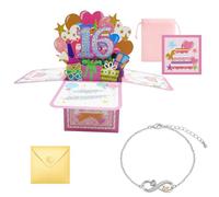 16th Birthday Card, 16th Birthday Pop-Up Card, Birthday Gift Card, Pink Popup Gift Box with Bracelet, Envelope and Storage Bag, Milestone Celebration Gift for Daughter Nephew Niece Sister Friend