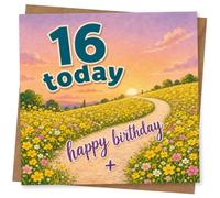 16th Birthday Card for Girl, 16 Today, Flower Path at Sunset | Celebrate her 16th with bold “16 today” and “happy birthday” lettering, set against a flower-filled path and sunset glow.