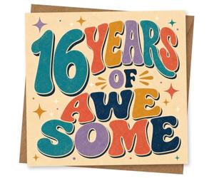 16th Birthday Card for Girl, Retro '16 Years of Awesome' | Celebrate her 16th with colourful vintage-style typography reading “16 Years of Awesome”, plus playful star details.