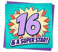 16th Birthday Card for Girl, Super Star Comic Number 16 | Milestone 16th birthday design in bold comic style, with a big 16 and the words “16 & A SUPER STAR!”.