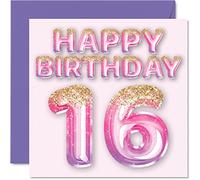 16th Birthday Card for Girls - Pink & Purple Glitter Balloons - Happy Birthday Cards for 16 Year Old Girl Daughter Sister Granddaughter Cousin, 145mm Bday Greeting Cards Gift