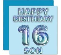 16th Birthday Card for Son - Blue Glitter Party Balloons - Happy Birthday Cards for 16 Year Old Son from Mum Dad Parents, 145mm Bday Greeting Cards Gift