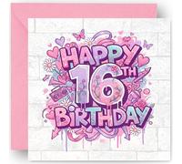 16th Birthday Card Gift for Girls - Daughter Granddaughter - Graffiti Style Design - Happy 16 Years Old Birthday Greeting Card - with Vibrant Pink Envelope - Size 14cm