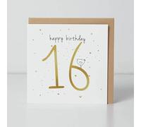 16th Birthday Card Sixteen Bird Motif - Cute Gold Foiled Greeting Card