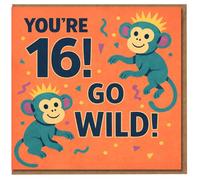 16th Birthday Card - You're 16! Go Wild! - Fun Monkey Design with Bright Confetti - Playful Sixteenth Birthday Greeting