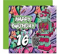 16th Birthday Cards for Boys - Wicked Graffiti Robot - Happy Birthday Card for 16 Year Old Boy Son Step Son Nephew Great Nephew, 145mm Bday Greeting Cards