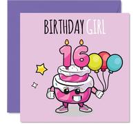 16th Birthday Cards for Girls - Birthday Cake Girl Balloons - Happy Birthday Card for 16 Year Old Girl Great Niece Daughter Cousin Step Daughter, 145mm Bday Greeting Cards