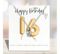 16th Birthday Cubic Zirconia Silver Necklace & Gold Balloons Gift Card