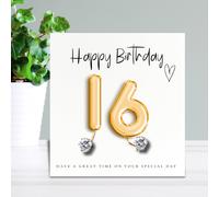 16th Birthday Cubic Zirconia Stud Earrings & Gold Balloons Gift Card
