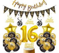 16th Birthday Decoration Boys Girls - Black Gold Balloons Happy Birthday Garland Cake Decoration, XXL Number Balloon Hanging Spirals and Bunting for 16 Year Birthday Decoration