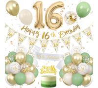 16th Birthday Decoration Sage Green, Green White Gold Birthday Decorations for 16 Year Old, Number 16 Balloons with Banner, Cake Decoration for Boy and Girl, 16 Year Old Birthday Decoration