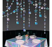16th Birthday Decorations, 16th Birthday Banner, HSC Colorful Streamers With Number 16, Stars & Circles, Hanging Streamer Backdrop For Sweet 16 Party, Wedding Anniversary Party