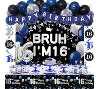 16th Birthday Decorations, 16th Birthday Decorations Boy Girl Bruh I'M 16 Backdrop Happy 16th Birthday Banner Tablecloth 16th Birthday Balloons Teenager Birthday Decorations Hanging Swirls Supplies