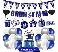 16th Birthday Decorations Balloons Boy - 28 Pcs Blue Glitter Bruh I'M 16 Banner Swirl Hangings Confetti Balloons Sash Cake Topper for Boys Girls Sweet 16 Years Old Birthday Party Decor Supplies