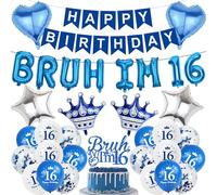 16th Birthday Decorations Balloons Boy - 34 Pcs Blue Silver Bruh Im 16 Banner Fishtail Flag Star Crown Foil Balloons Cake Topper Set for Boys 16 Year Old Birthday Party Decor Supplies