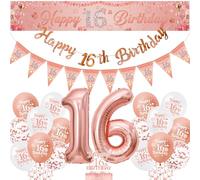16th Birthday Decorations Balloons Girls - Rose Gold Sweet Sixteen Decoration Yard Banner Set with Pennant, Happy 16 Years Old Banners Cake Topper and Number Foil Balloon
