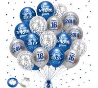 16th Birthday Decorations Balloons Set - 40 Pcs Boy Blue and Silver Happy Birthday Limited Edition 2010 Cheers to 16 Years Sequins Balloon with Ribbon for 16 Years Old Boys Party Celebration Decor