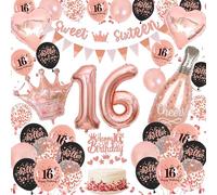 16th Birthday Decorations Banner Balloons - Rose Gold Happy Birthday Decoration Set Girls, Sweet Sixteen Garland Pennants Cheers Foil Balloon Cake Toppers for 16 Years Old Party Supplies
