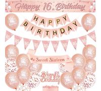 16th Birthday Decorations Banner Girl - Rose Gold Party Balloons Set with Pennant Sash, Happy 16 Years Old Birthday Yard Banners and Cake Topper for Teenager Party Supplies