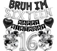16th Birthday Decorations Banners Boy - 38 Pcs Black Silver Happy Birthday Banner BRUH I'M SIXTEEN Star Heart Number 16 Foil Balloons Decoration Sequin Balloons for 16 Years Old Boys Party Decor