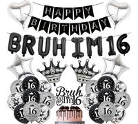 16th Birthday Decorations Banners Boys - 34 Pcs Black and Silver Happy Birthday Banner Bruh I'M 16 Star Heart Crown Foil Balloons Cake Topper Sequin Balloons for 16 Years Old Boy Party Decor Supplie