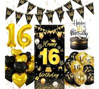 16th Birthday Decorations Black and Gold, Balloon 16th, Background, Bunting Black and Gold, Party Decorations Set, , Suitable for Birthday Party Decoration, Wedding Anniversary