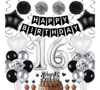 16th Birthday Decorations Black Silver - 50 Pieces 16th Decoration for Boys Number 16 Foil Balloon Birthday Banner Star Love Balloon Paper Flowers Cake Toppers for Girls Party Supplies