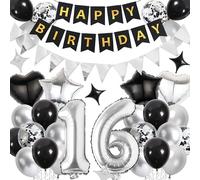 16th Birthday Decorations Black Silver - Happy Birthday Banner Bunting Star Heart Number 16 Foil Balloons Latex Balloon, Party Supplies for Boys and Girls 16 Year Old Party Decor
