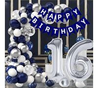 16th Birthday Decorations Blue Silver Balloons Arch Kit with Number 18 foil balloons Happy Birthday Banner Blue and Silver Party Decorations for 16 Years Old Boy Girl Men Women Anniversary