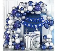 16th Birthday Decorations Blue Silver Balloons Arch Kit with Number Foil Confetti Balloon Happy Birthday Bunting Banner Navy Blue and Silver Party Decor for 16 Years Old Boy Girl Men Women Anniversary