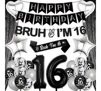 16th Birthday Decorations Boy Balloons - 28 Pcs Black Silver Banners Curtain Decoration Set with Happy Birthday Banner Backdrop Bruh I'M 16 Banners Foil Balloons for Boys 16 Years Old Party Supplies