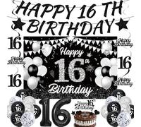 16th Birthday Decorations Boy Banner - 35 Pc Black Silver Happy 16 Bday Banners Hanging Swirls Cake Topper Balloons Foil Latex Number 16 Balloons for Sweet Sixteen Year Old Party Supplies Decor