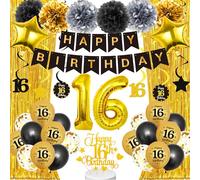 16th Birthday Decorations Boy Set - 43 Pcs Black and Gold Party Decoration including Banner, Hanging Swirls, Number 16 Balloons and Latex Balloon for Kids 16 Year Old Party Supplies