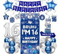 16th Birthday Decorations Boys Banner - 32 Pcs Blue Silver Bruh I'm 16 Banner Number 16 Foil Balloons Hanging Swirls Cake Topper Sash for Sweet Sixteen Year Old Party Supplies Decor