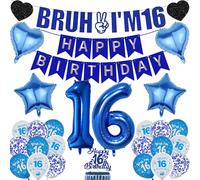 16th Birthday Decorations Boys Banners - 28 Pcs Blue Bruh I'M 16 Happy Birthday Banner Set Star Heart Number Foil Balloons Sequin Balloon Cake Topper for 16 Years Old Boy Party Decor Supplies